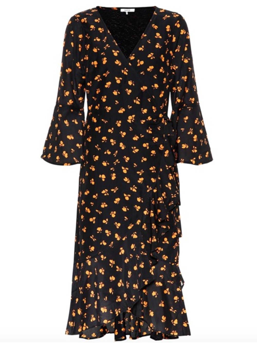 Ganni Black Midi Wrap Dress with Orange Floral Motif